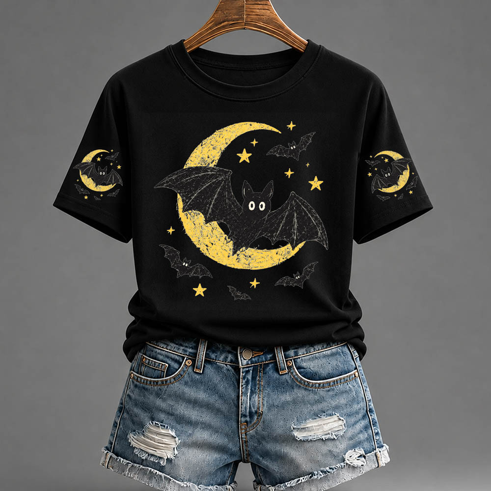 Women's Halloween Bat Pattern Round-Neck  Cotton T-Shirt