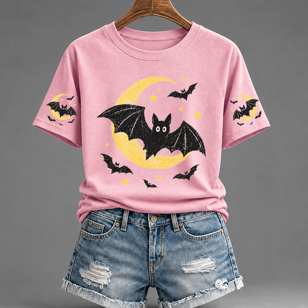 Women's Halloween Bat Pattern Round-Neck  Cotton T-Shirt