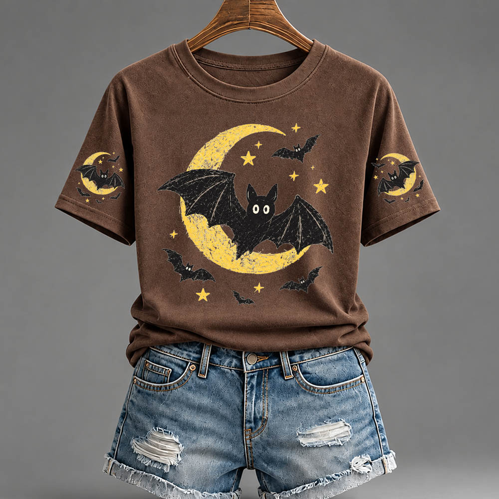 Women's Halloween Bat Pattern Round-Neck  Cotton T-Shirt