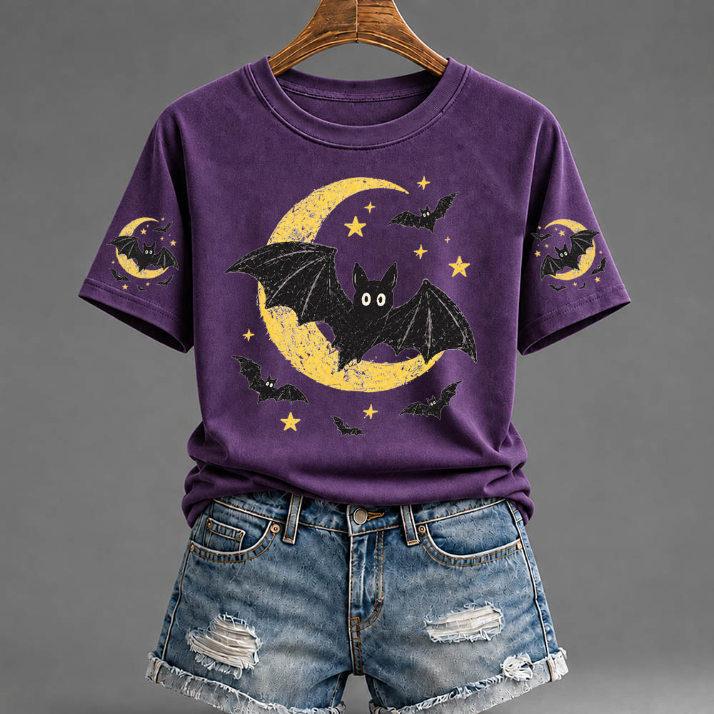 Women's Halloween Bat Pattern Round-Neck  Cotton T-Shirt