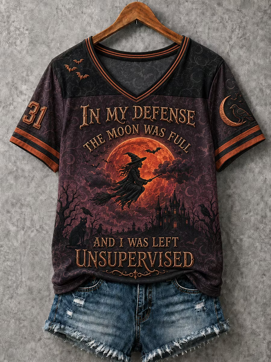 Women's Remind Them Purple Raven & Witch Hat Graphic V-Neck Shirt