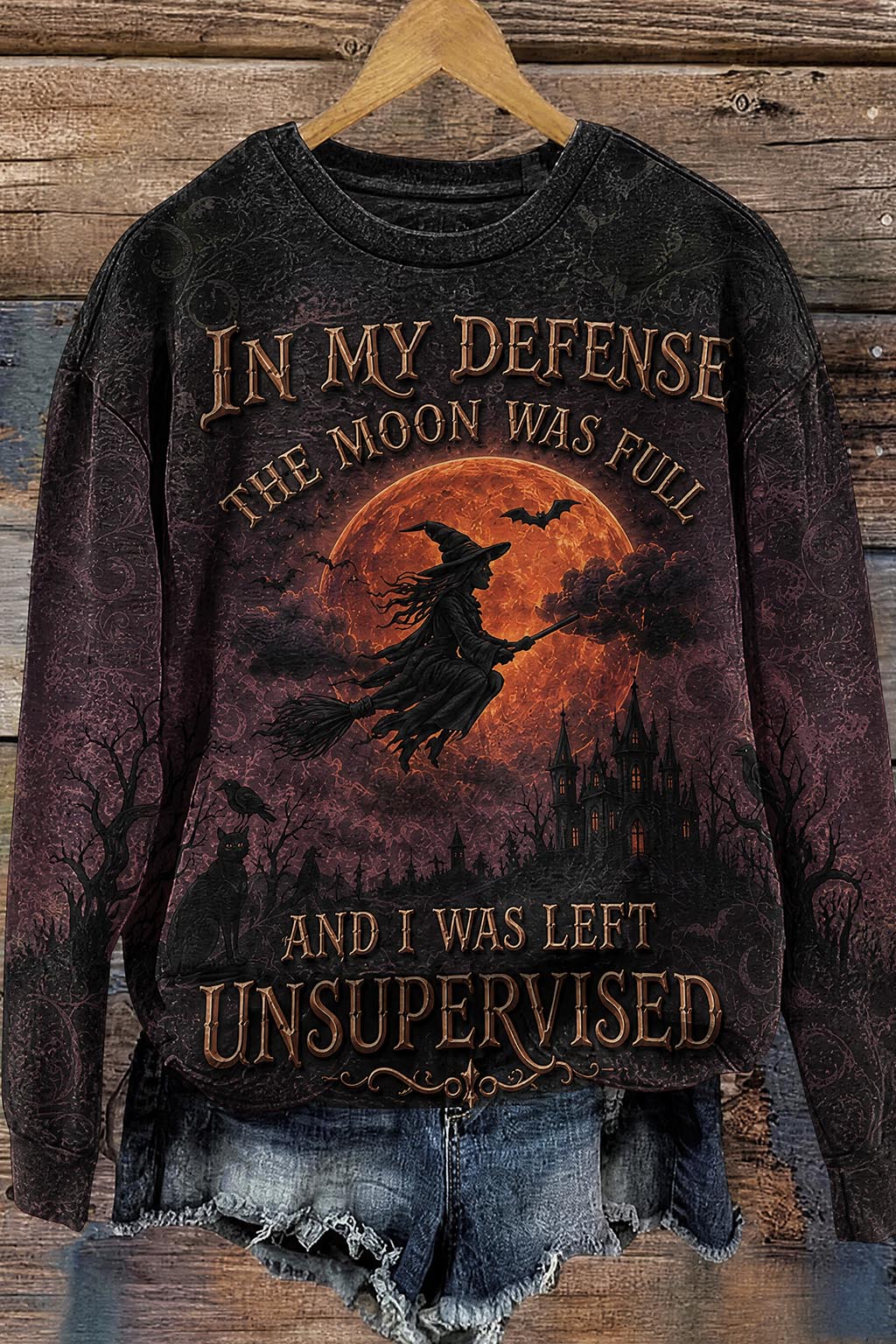 Women's Dark Desert Highway Flying Witch Vintage Pattern Crew Neck Sweatshirt