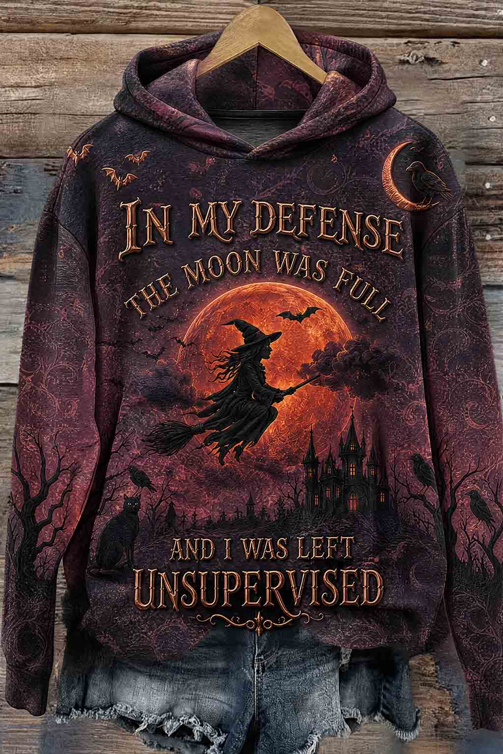 Women's Remind Them Purple Raven & Witch Hat Pattern Print Hoodie