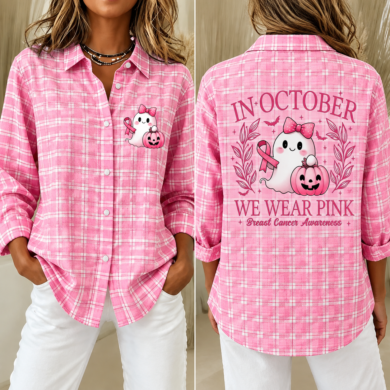 Women's In October We Wear Pink Ghost Pumpkin Vintage Plaid Cotton Shirt
