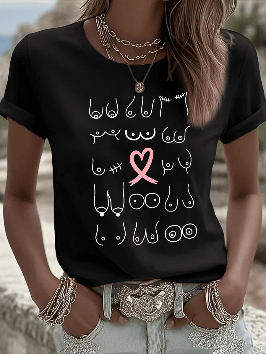  Pink October  Breast  Pattern Round-Neck 100%Cotton T-Shirt