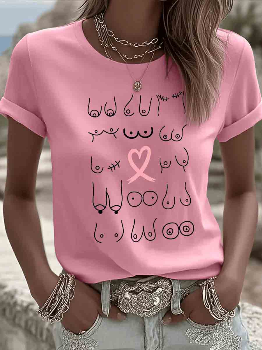  Pink October  Breast  Pattern Round-Neck 100%Cotton T-Shirt