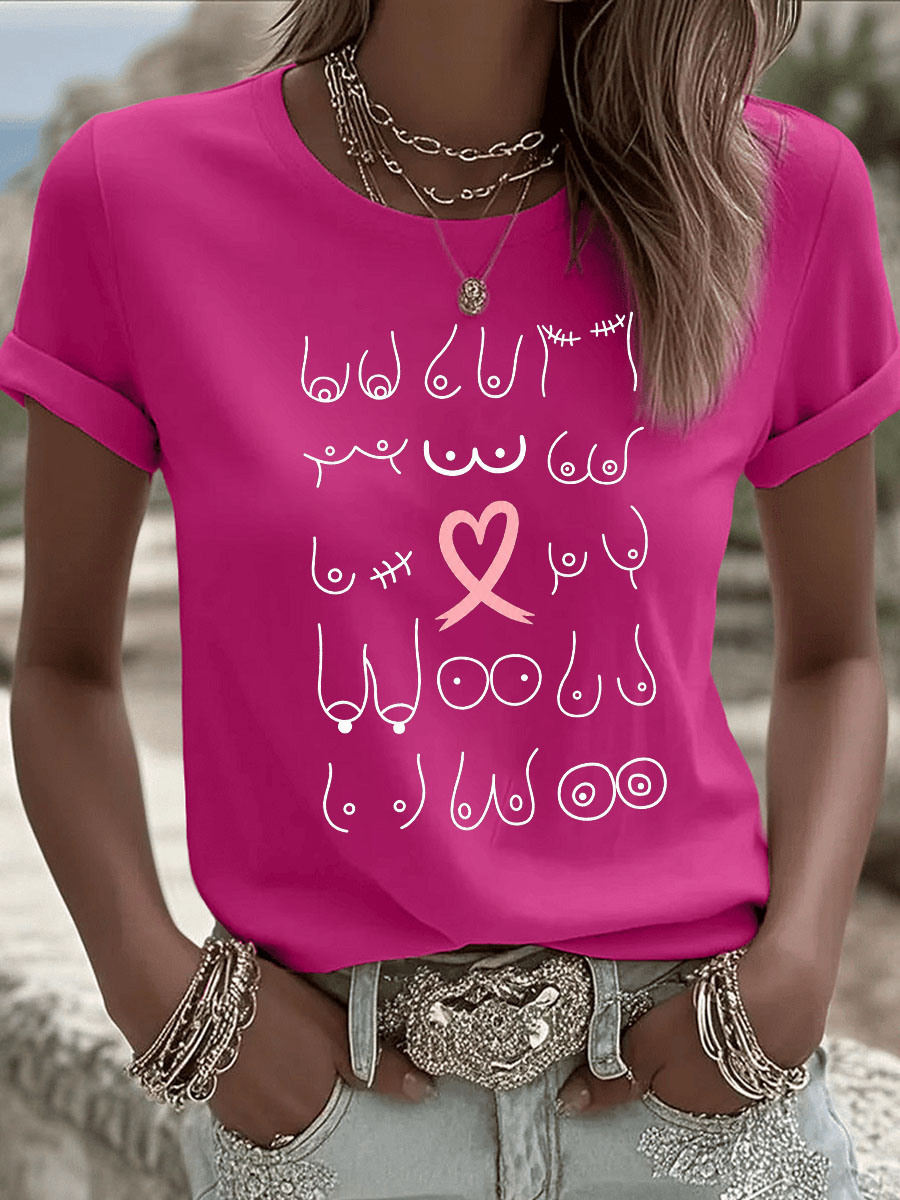  Pink October  Breast  Pattern Round-Neck 100%Cotton T-Shirt