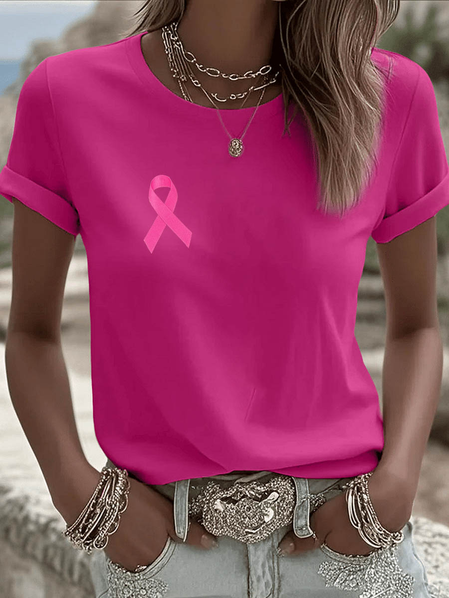 Pink October Pattern Round-Neck 100%Cotton T-Shirt