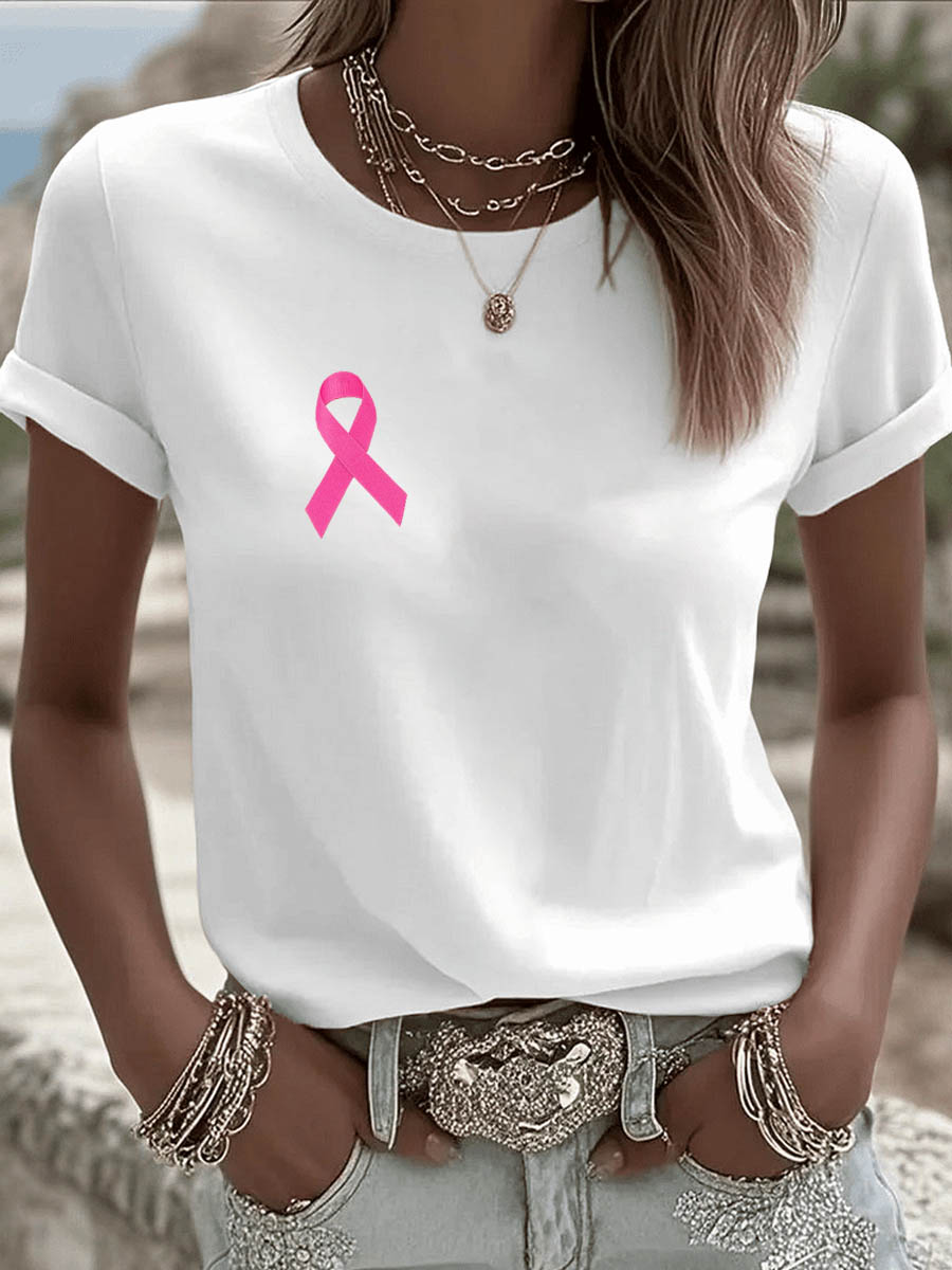 Pink October Pattern Round-Neck 100%Cotton T-Shirt