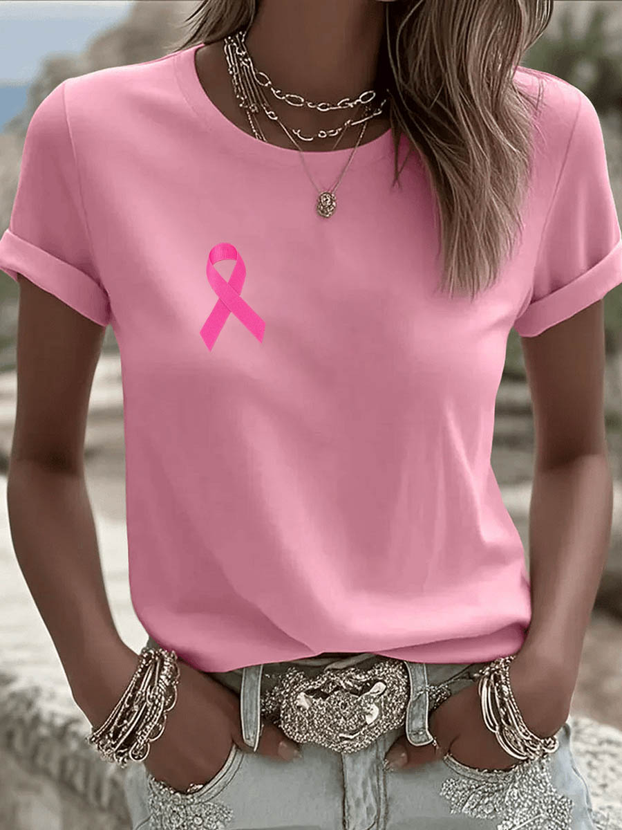 Pink October Pattern Round-Neck 100%Cotton T-Shirt