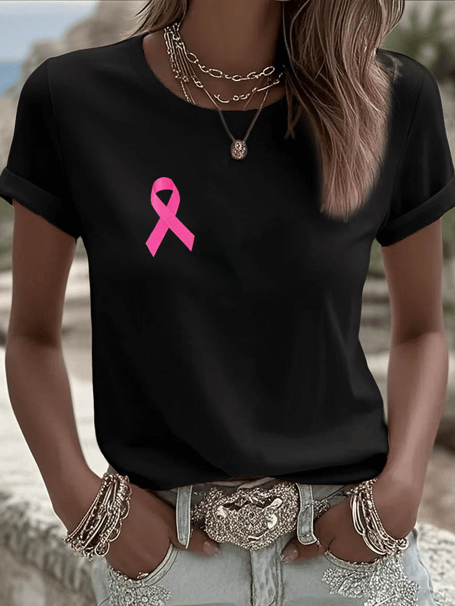 Pink October Pattern Round-Neck 100%Cotton T-Shirt
