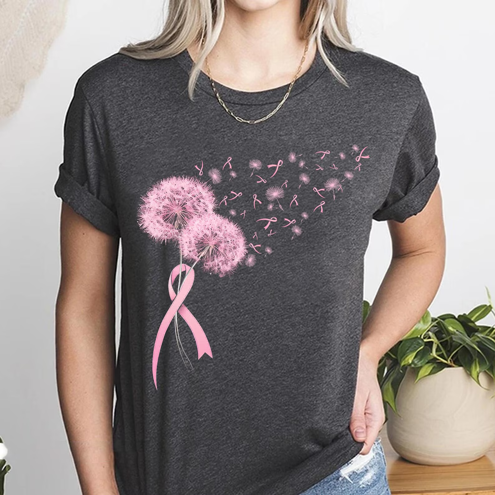 Pink October Pattern Round-Neck Cotton T-Shirt