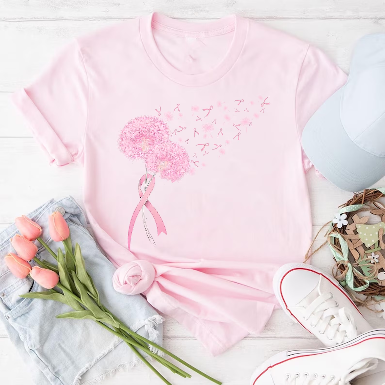 Pink October Pattern Round-Neck Cotton T-Shirt