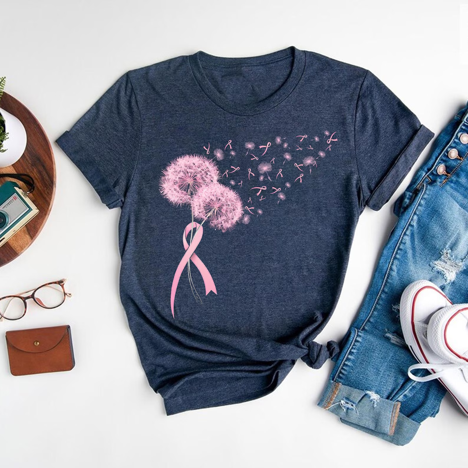 Pink October Pattern Round-Neck Cotton T-Shirt