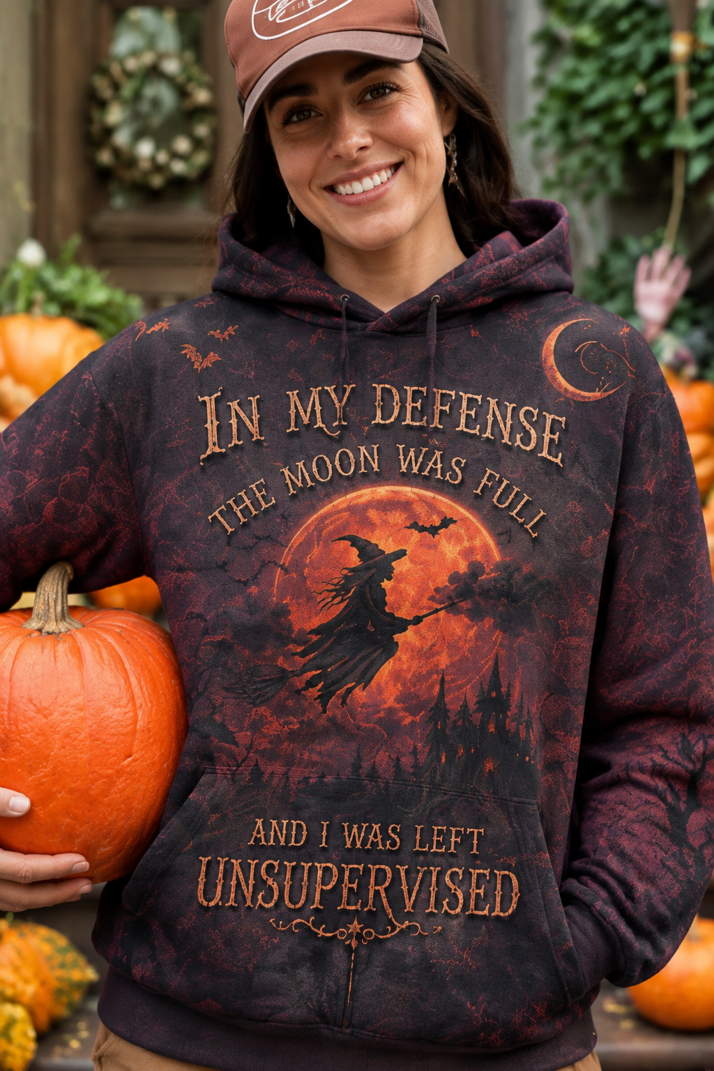 Women's Remind Them Purple Raven & Witch Hat Pattern Print Hoodie