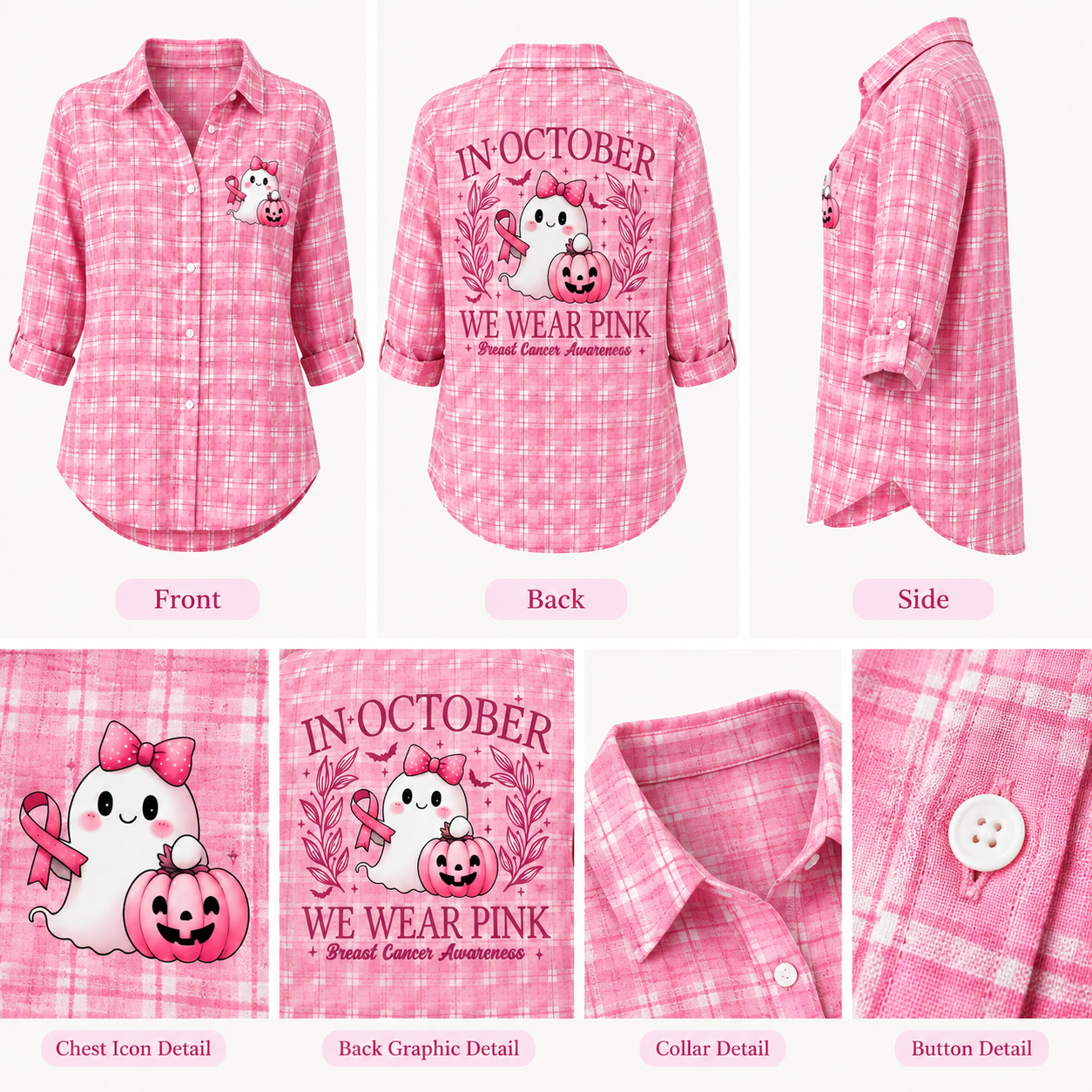 Women's In October We Wear Pink Ghost Pumpkin Vintage Plaid Cotton Shirt