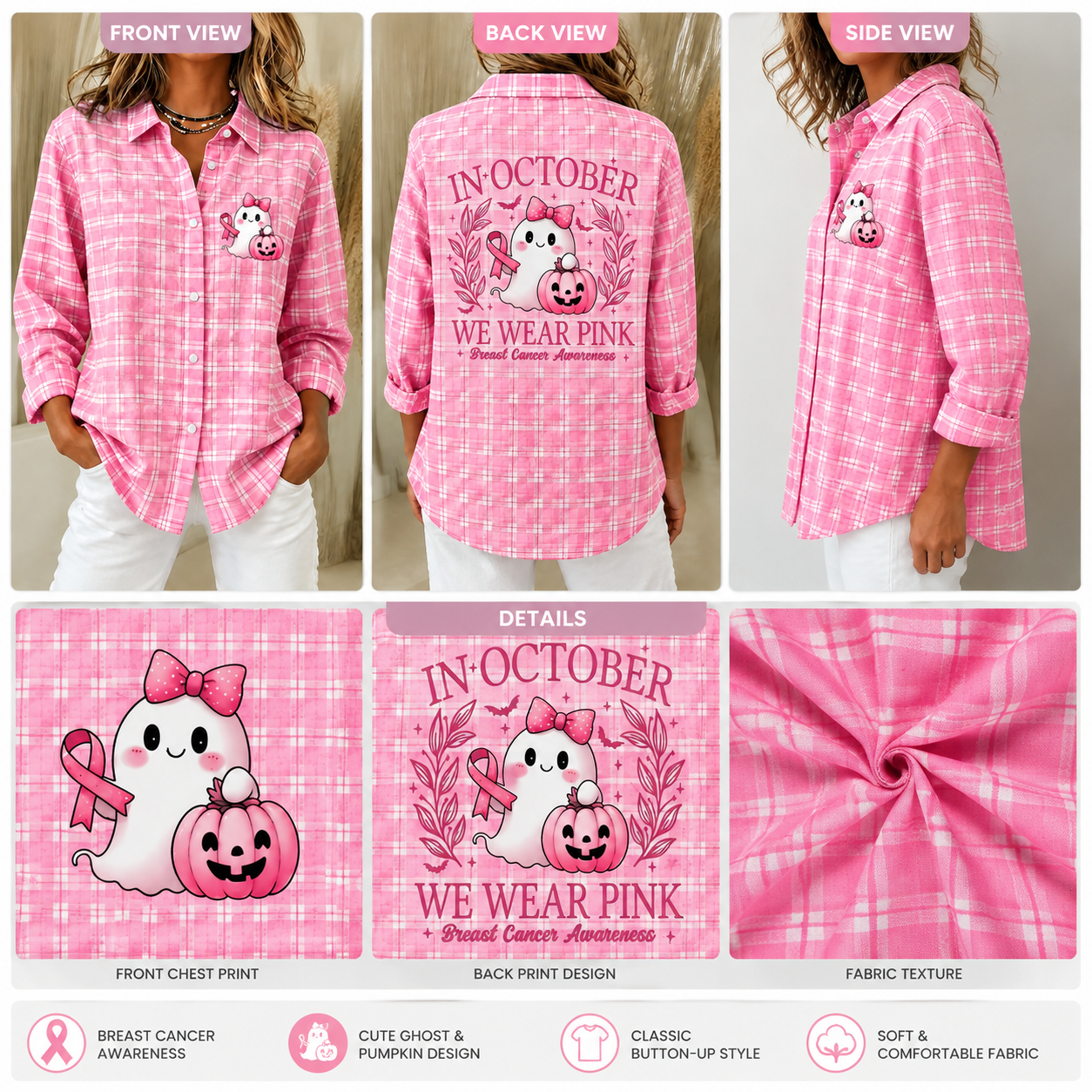 Women's In October We Wear Pink Ghost Pumpkin Vintage Plaid Cotton Shirt