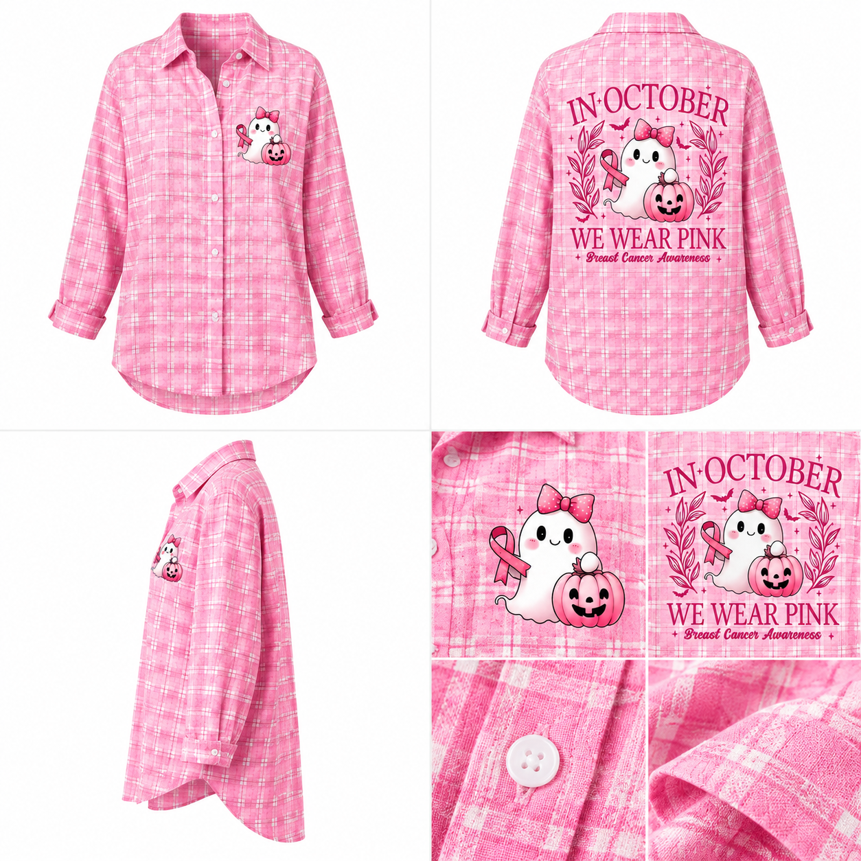 Women's In October We Wear Pink Ghost Pumpkin Vintage Plaid Cotton Shirt