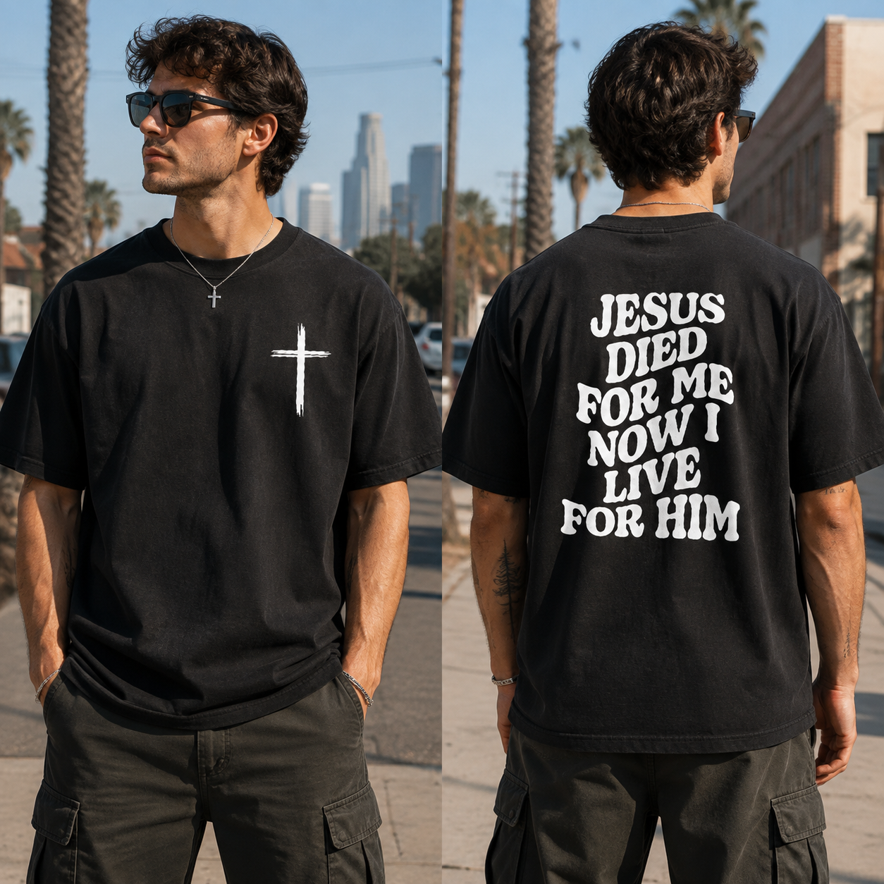 Jesus Died For Me Now I Live For Him Pattern Crew Neck T-Shirt