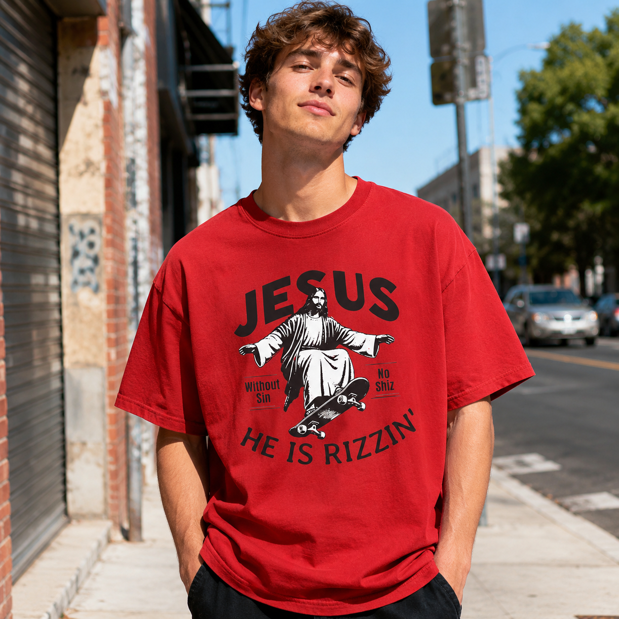  Jesus He is Rizzin' Funny Pattern Print Crew Neck T-Shirt