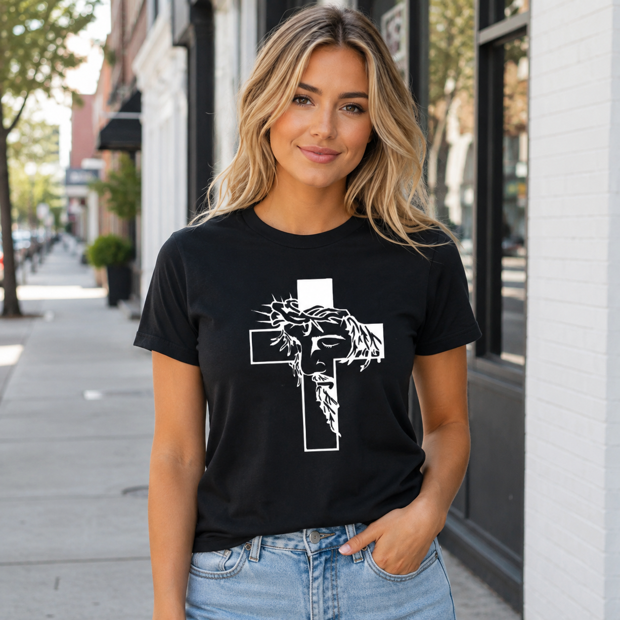 Women's Jesus Cross Pattern Round-Neck T-Shirt