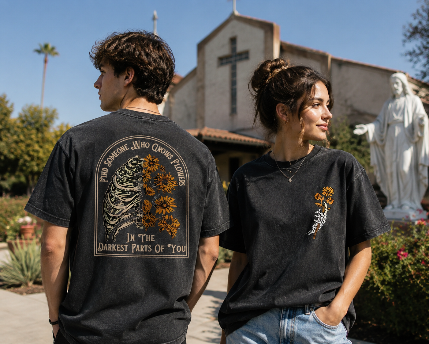Find Someone Who Grows Flowers Sunflower Pattern  Washed Distressed Crew Neck 100% Cototon T-Shirt