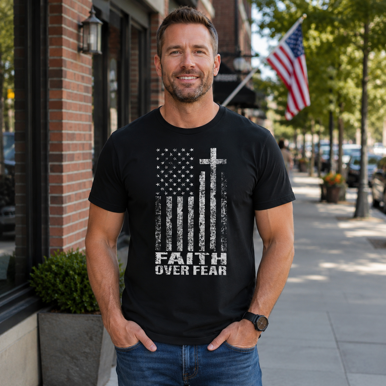  Faith Over Fear Amercian Flag Pattern Printing Print Crew Neck T-Shirt