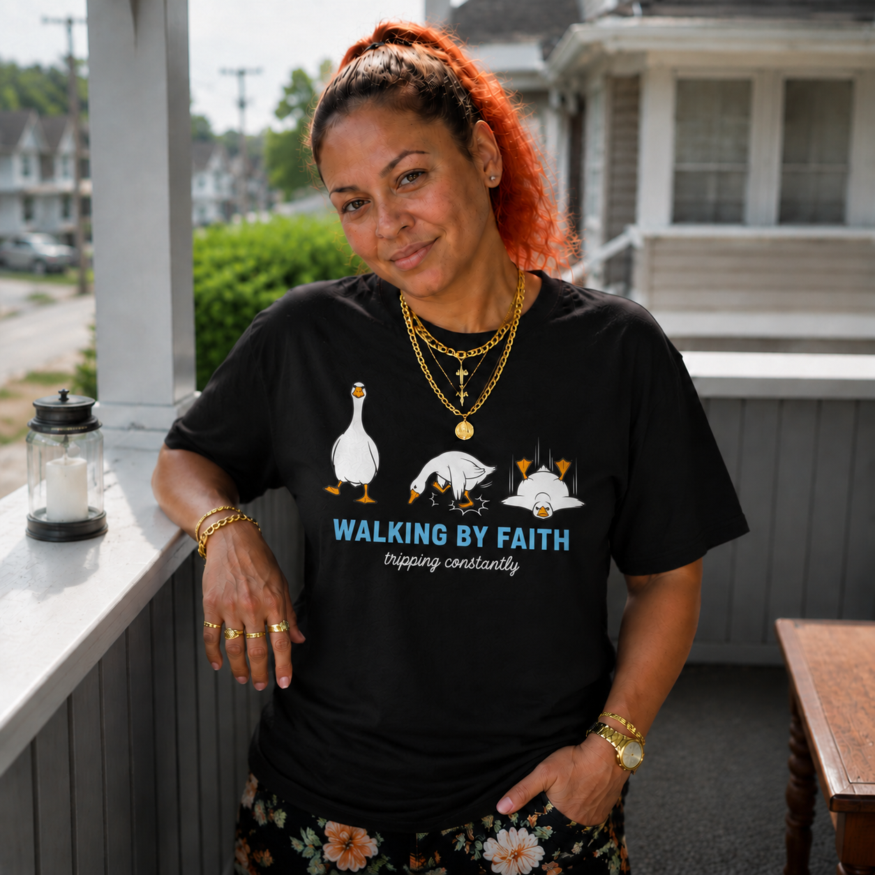 Walking By Faith Tripping Constantly  Pattern 100% Cotton T-Shirt