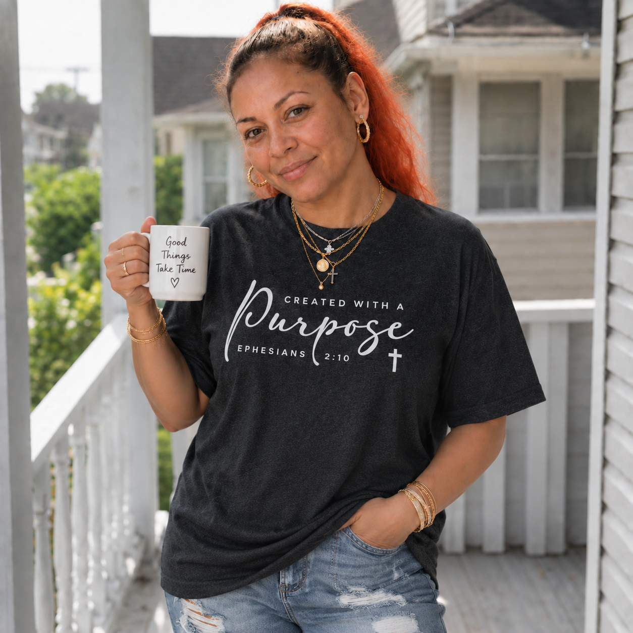 Christians Created With A Purpose Bible Verse Faith Gift   Pattern Round-Neck Cotton T-Shirt