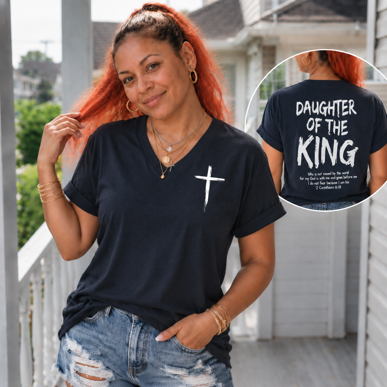 Daughter Of King Pattern Print V Neck Casual T-Shirt