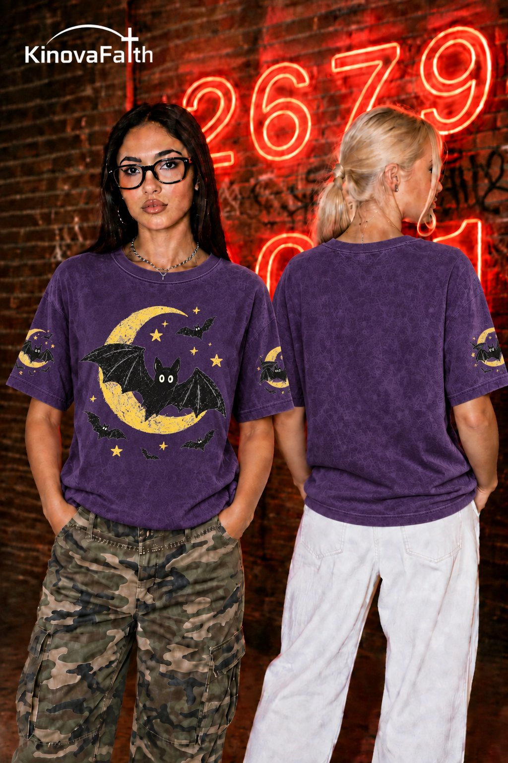Women's Halloween Bat Pattern Round-Neck  Cotton T-Shirt