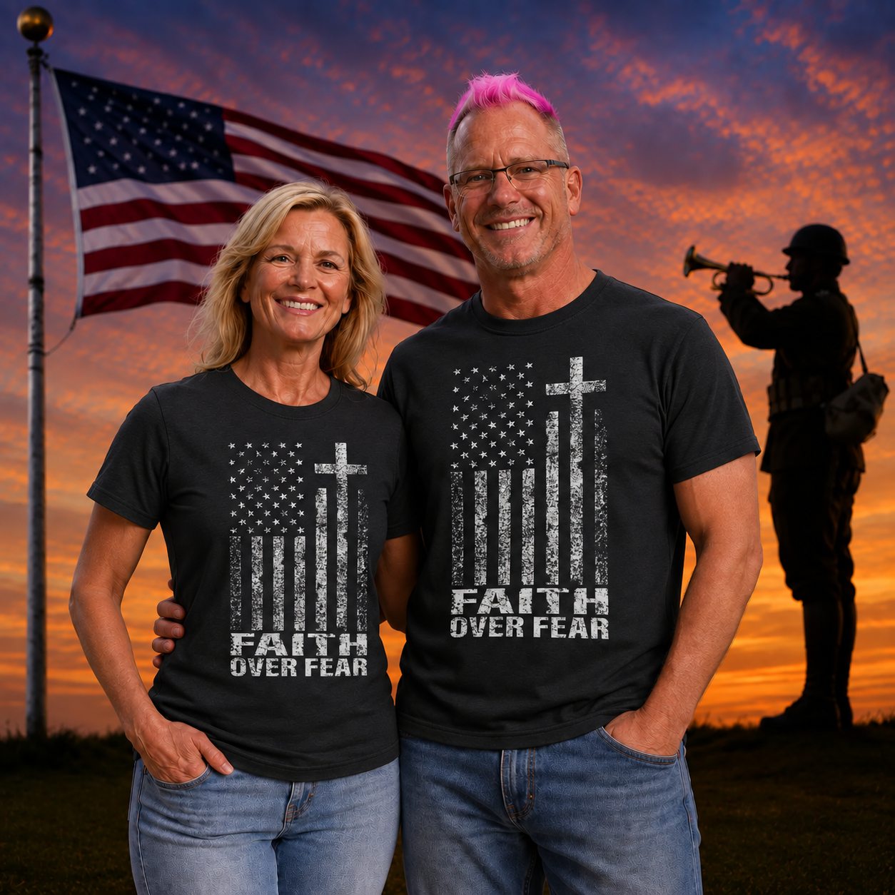  Faith Over Fear Amercian Flag Pattern Printing Print Crew Neck T-Shirt