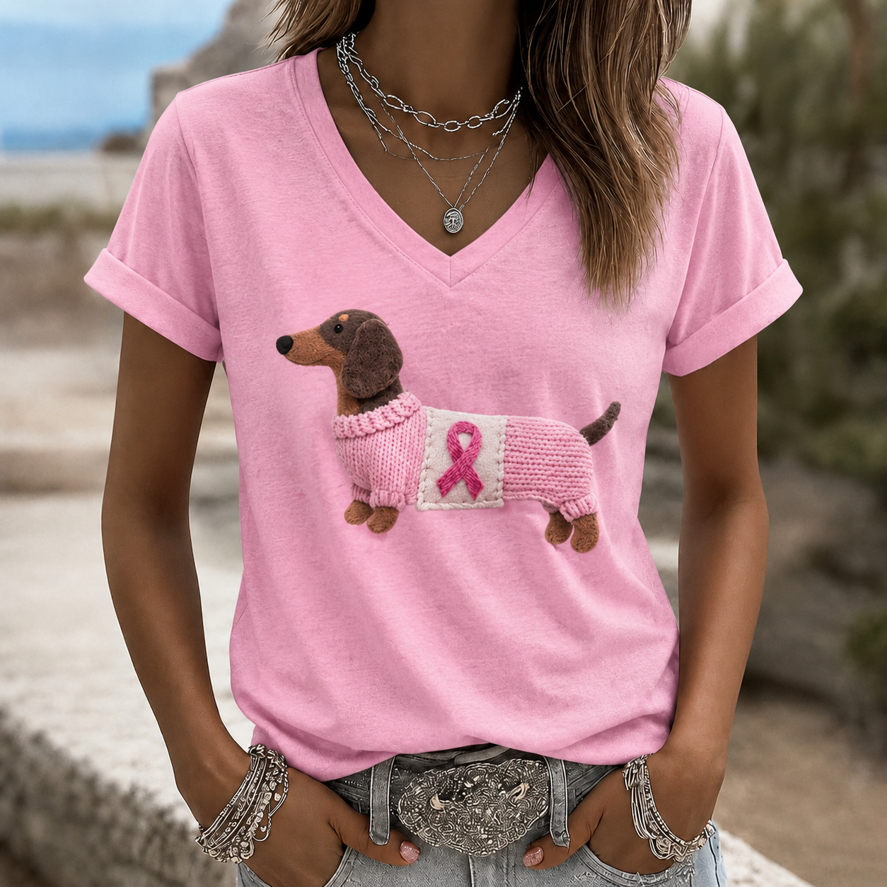 Pink October  Pattern Print V Neck Casual T-Shirt