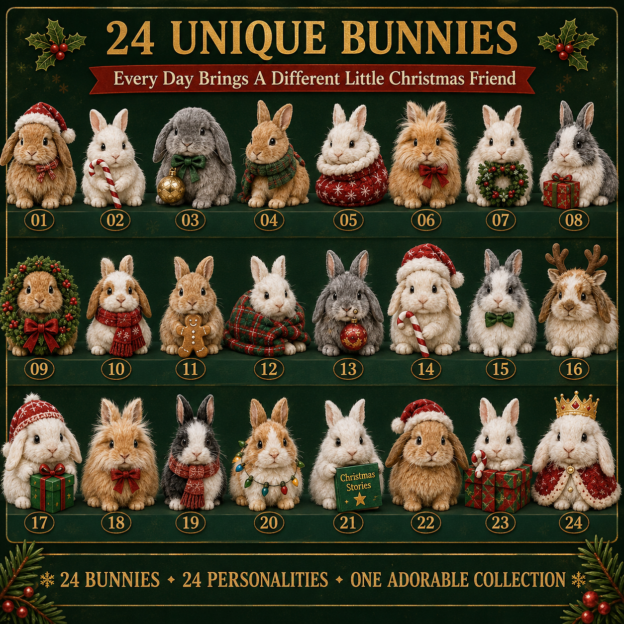 24 unique Christmas bunny figures