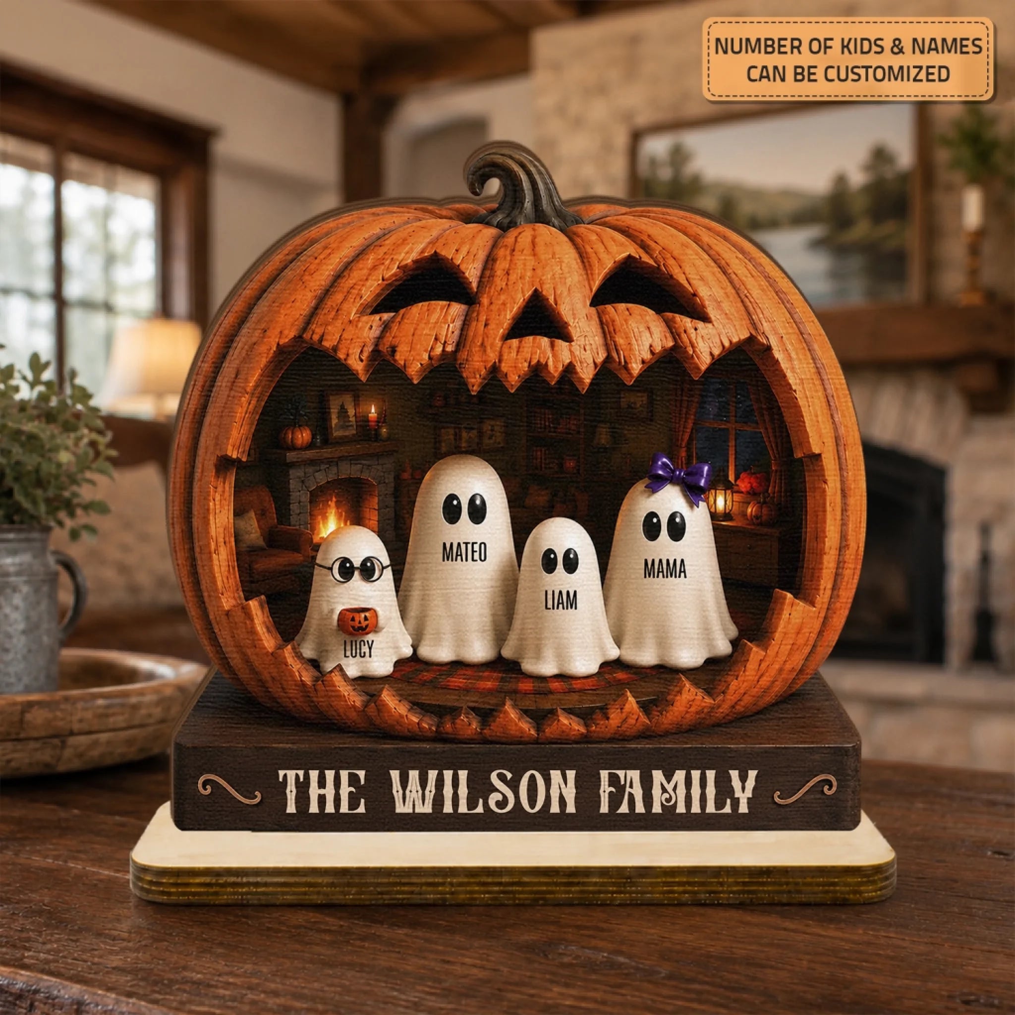 Pumpkin Ghost Family - Wooden Plaque - Halloween Gift for Grandma, Family