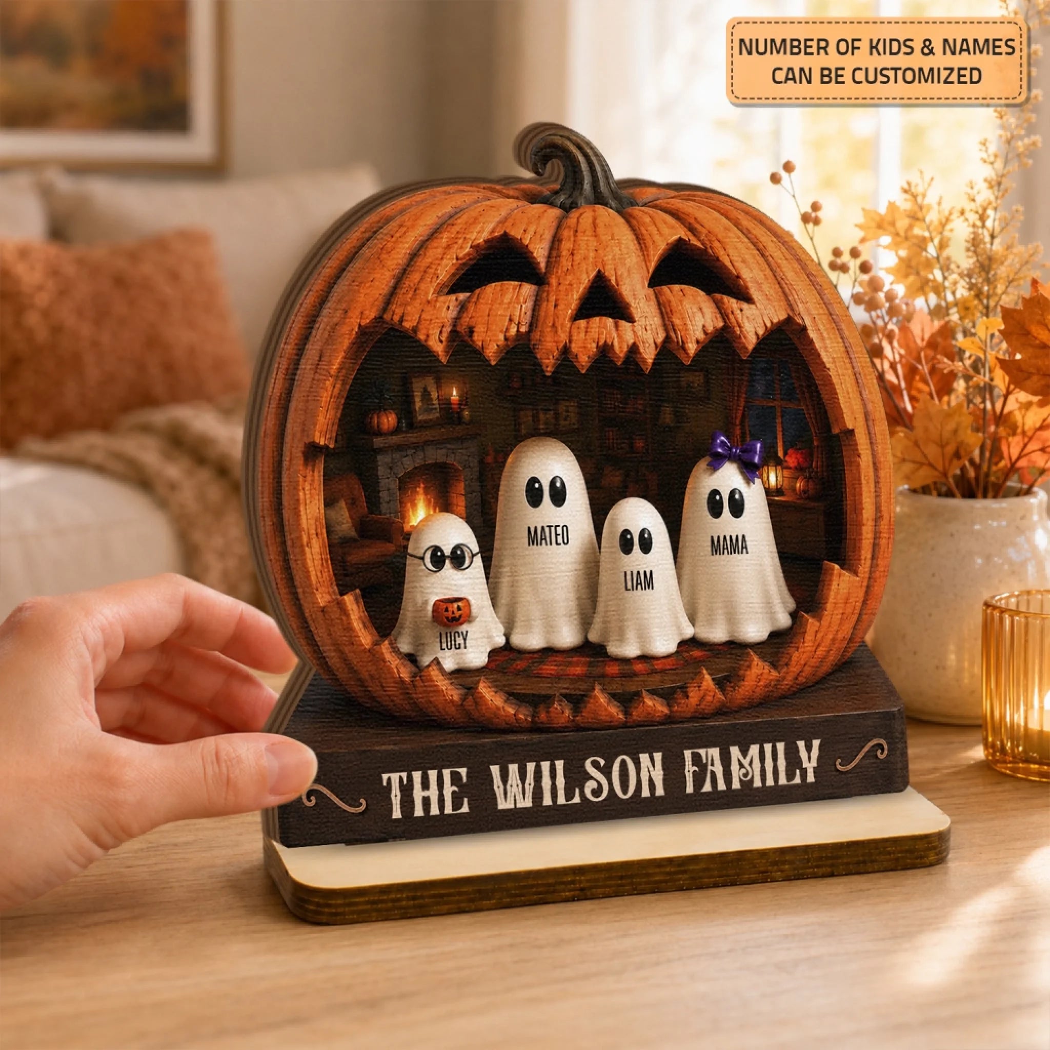Pumpkin Ghost Family - Wooden Plaque - Halloween Gift for Grandma, Family