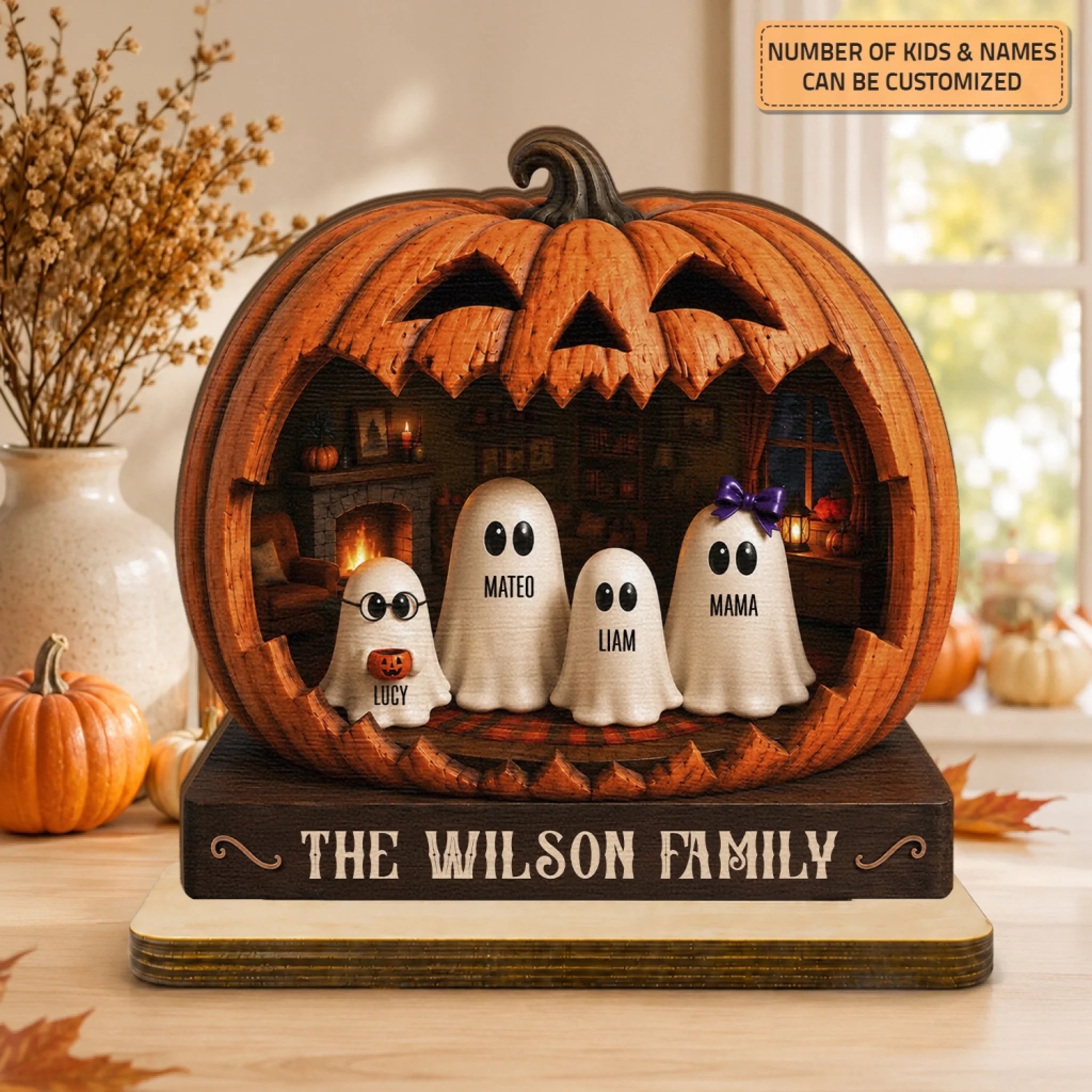 Pumpkin Ghost Family - Wooden Plaque - Halloween Gift for Grandma, Family