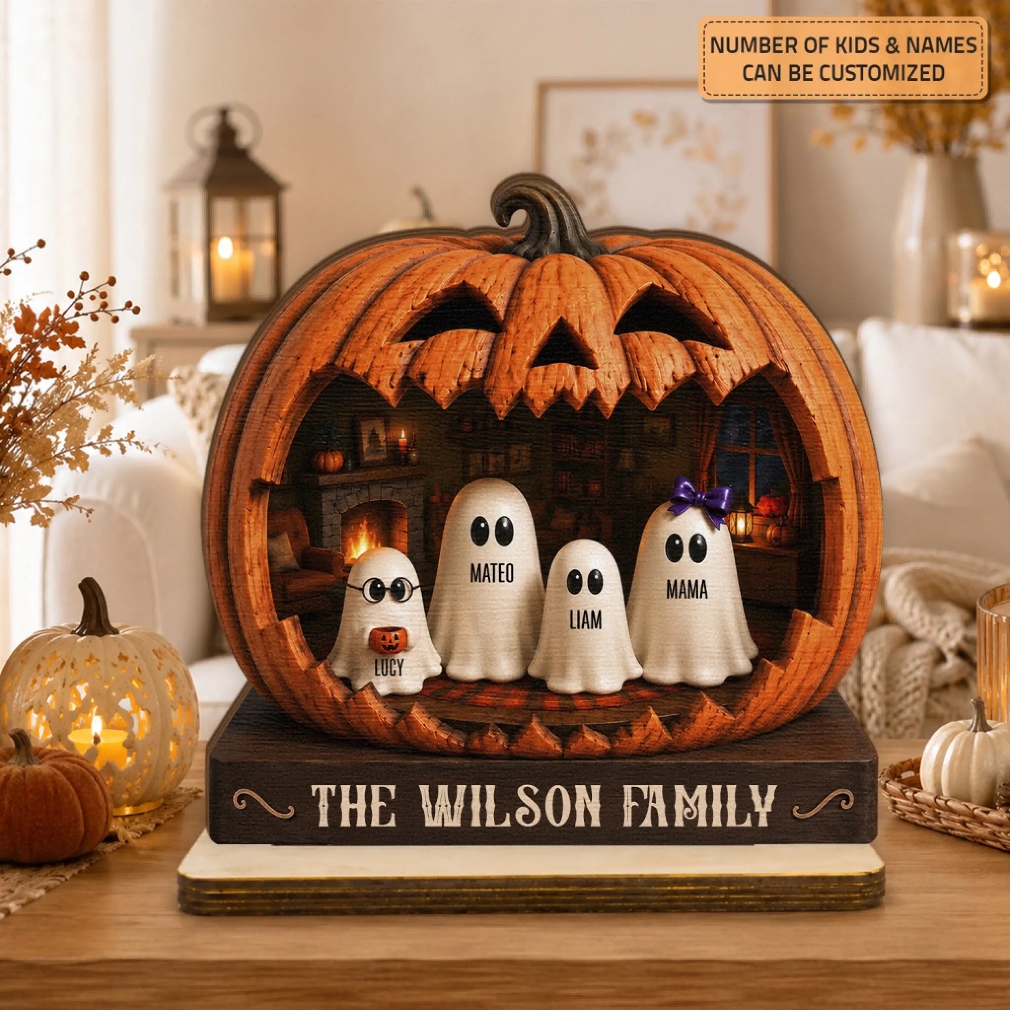 Pumpkin Ghost Family - Wooden Plaque - Halloween Gift for Grandma, Family
