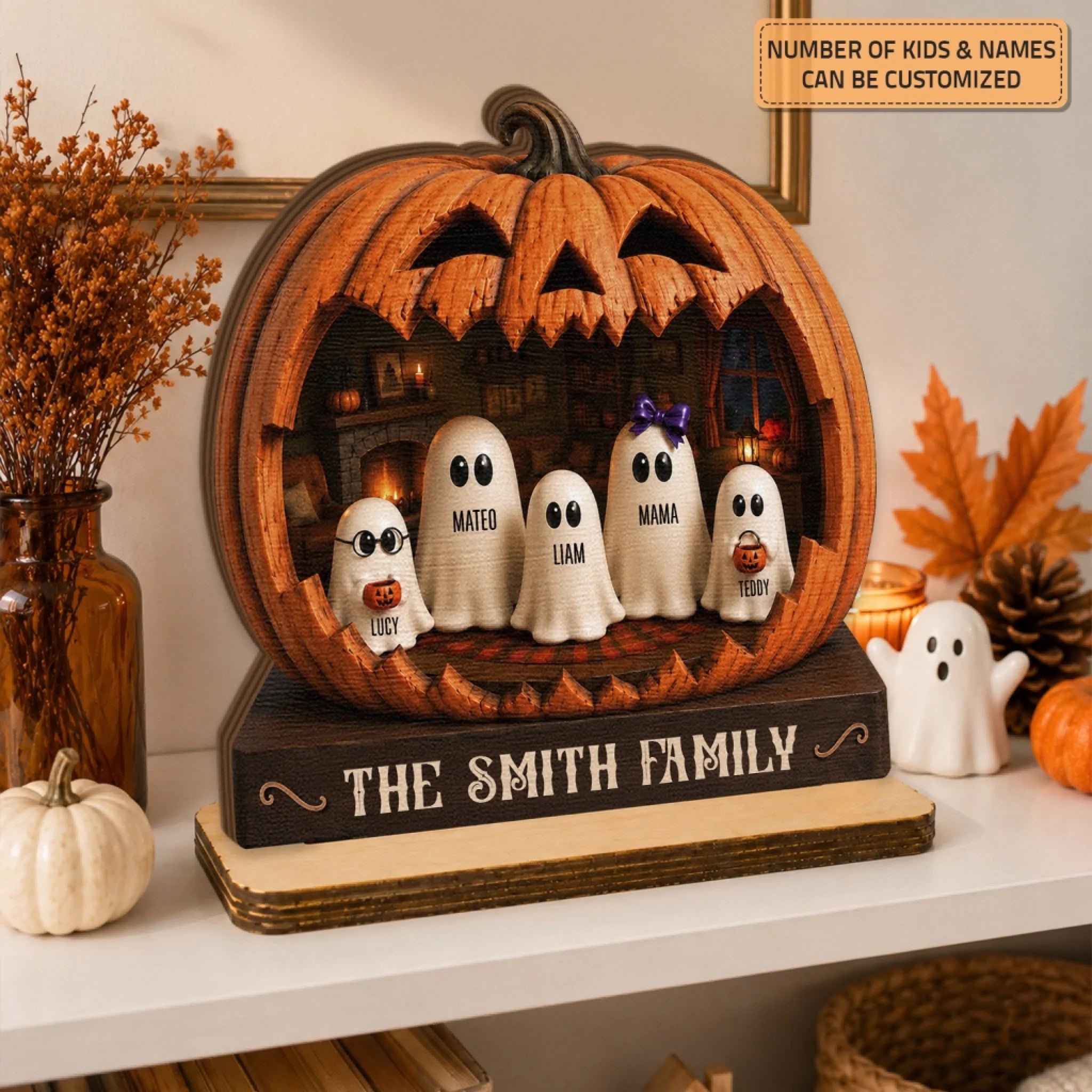 Pumpkin Ghost Family - Wooden Plaque - Halloween Gift for Grandma, Family