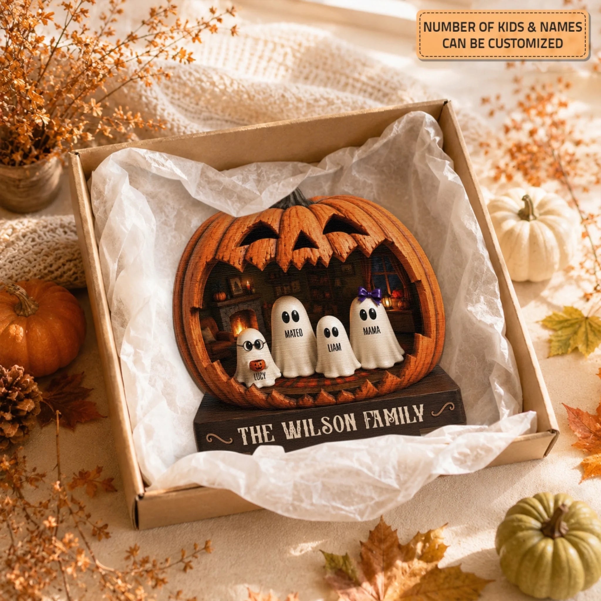 Pumpkin Ghost Family - Wooden Plaque - Halloween Gift for Grandma, Family