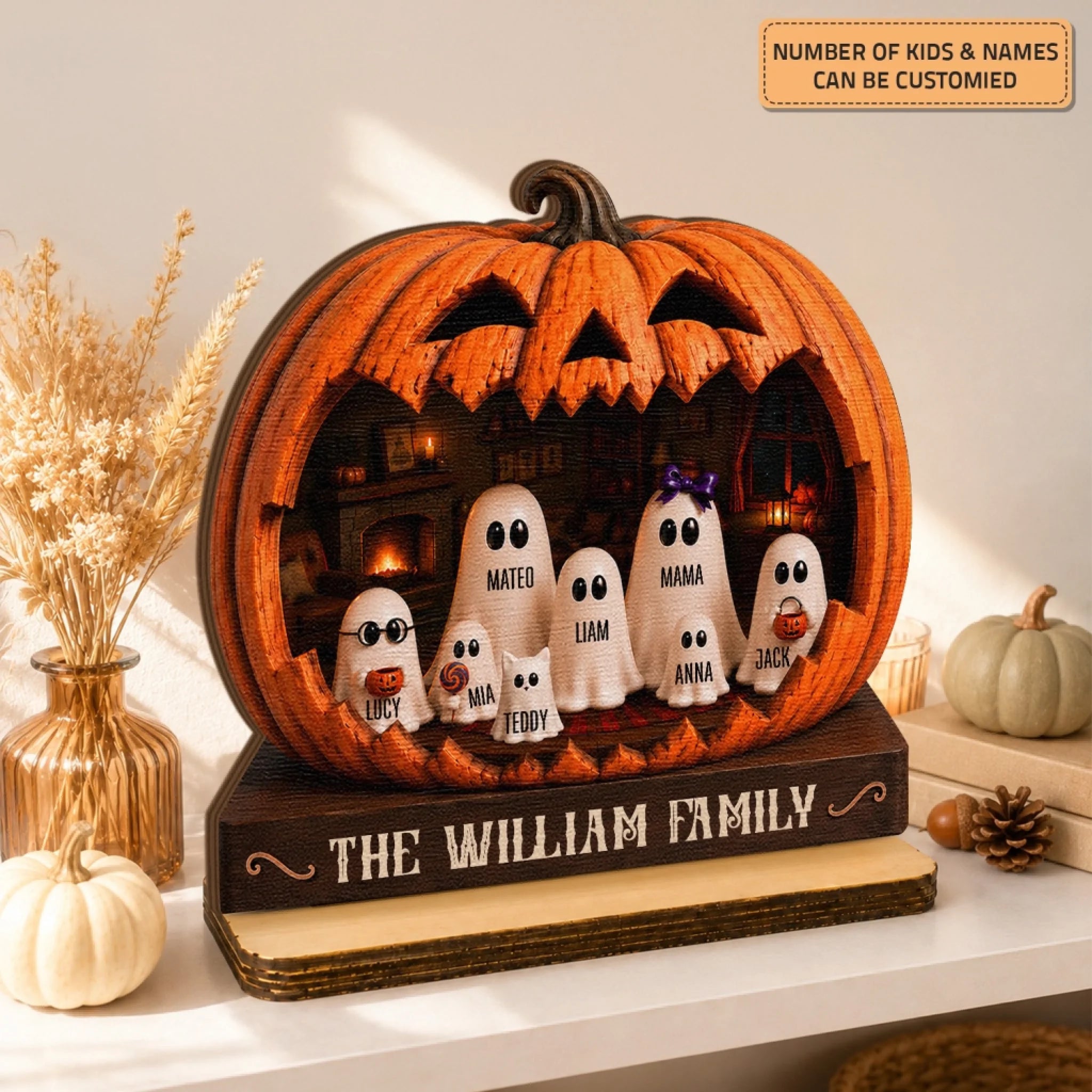 Pumpkin Ghost Family - Wooden Plaque - Halloween Gift for Grandma, Family