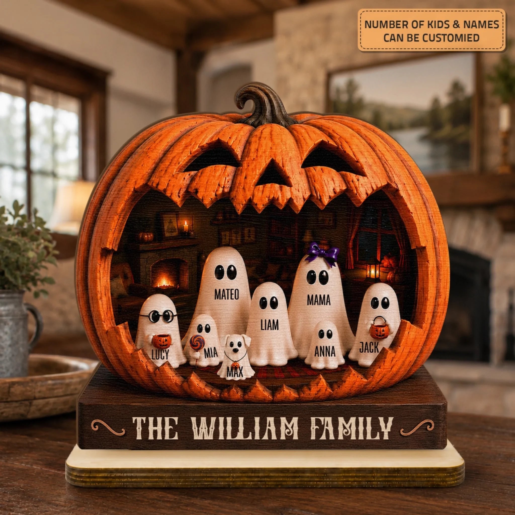 Pumpkin Ghost Family - Wooden Plaque - Halloween Gift for Grandma, Family