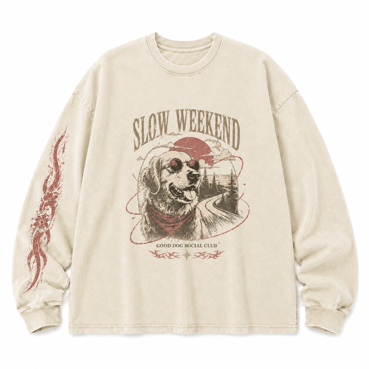 Slow Weekend Washed Dog Graphic Long Sleeve Shirt
