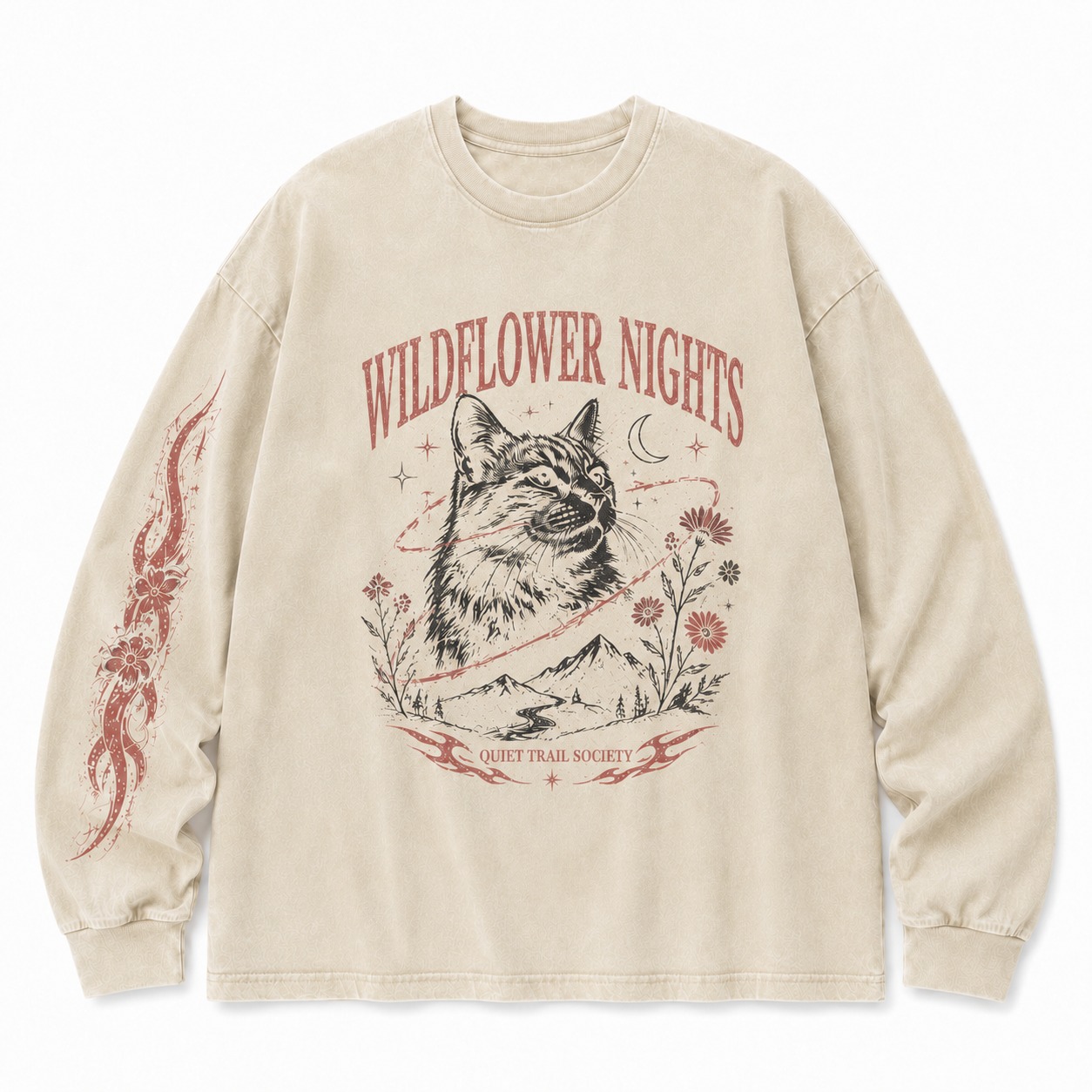 Wildflower Nights Cat Graphic Washed Long Sleeve Tee