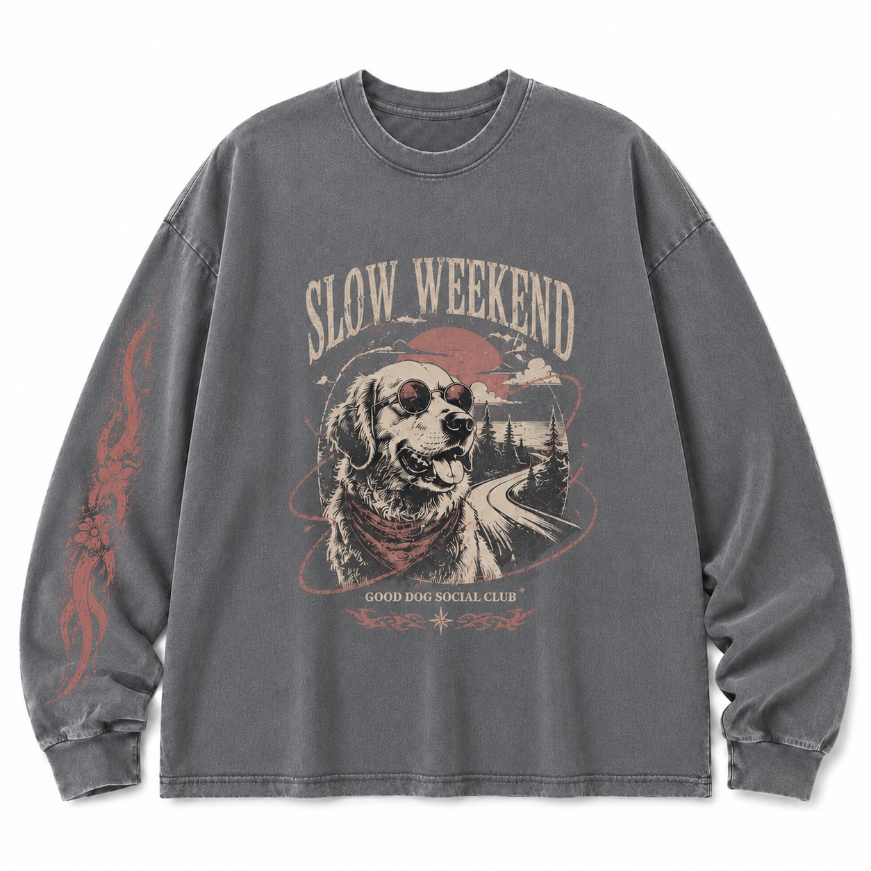 Slow Weekend Washed Dog Graphic Long Sleeve Shirt