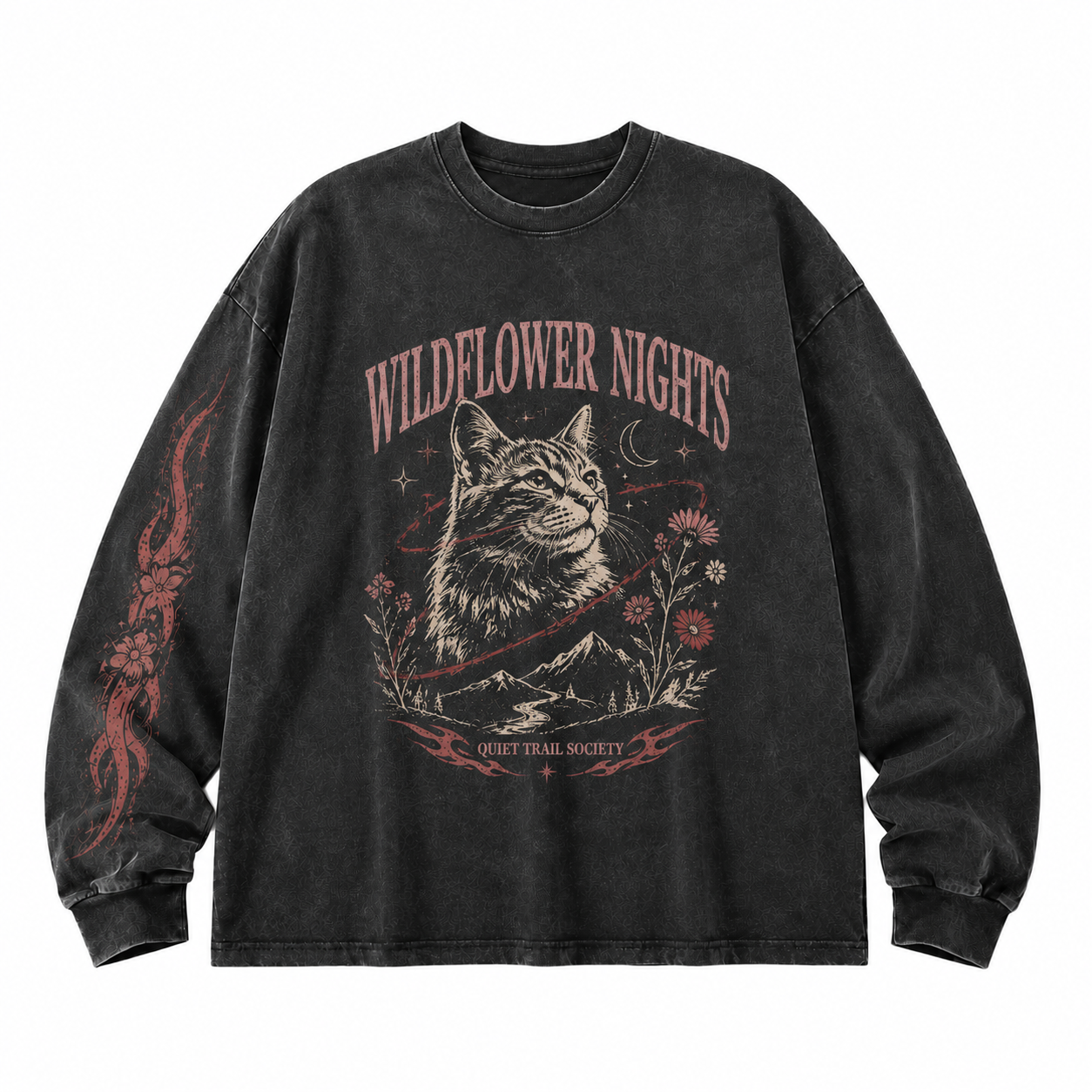 Wildflower Nights Cat Graphic Washed Long Sleeve Tee