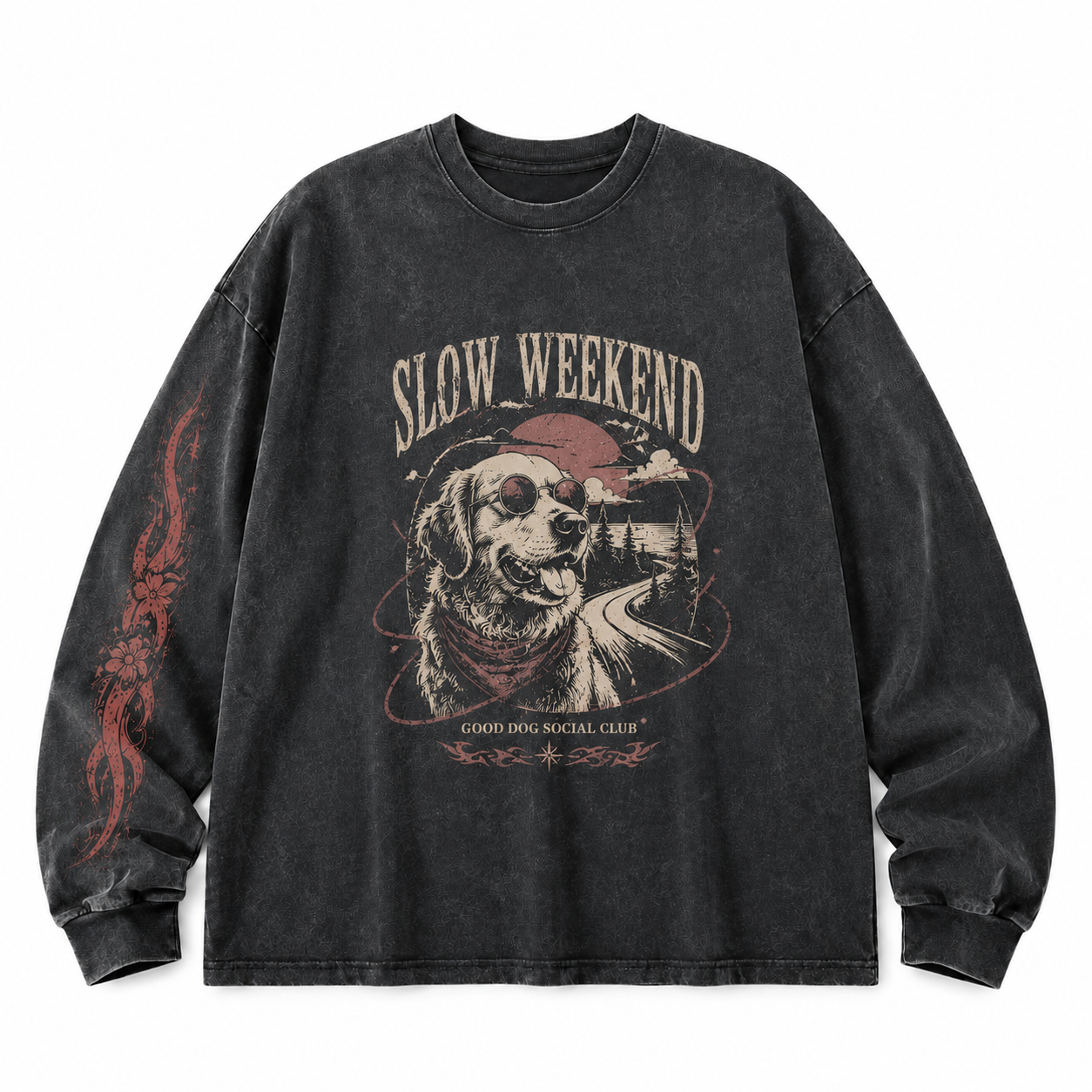 Slow Weekend Washed Dog Graphic Long Sleeve Shirt