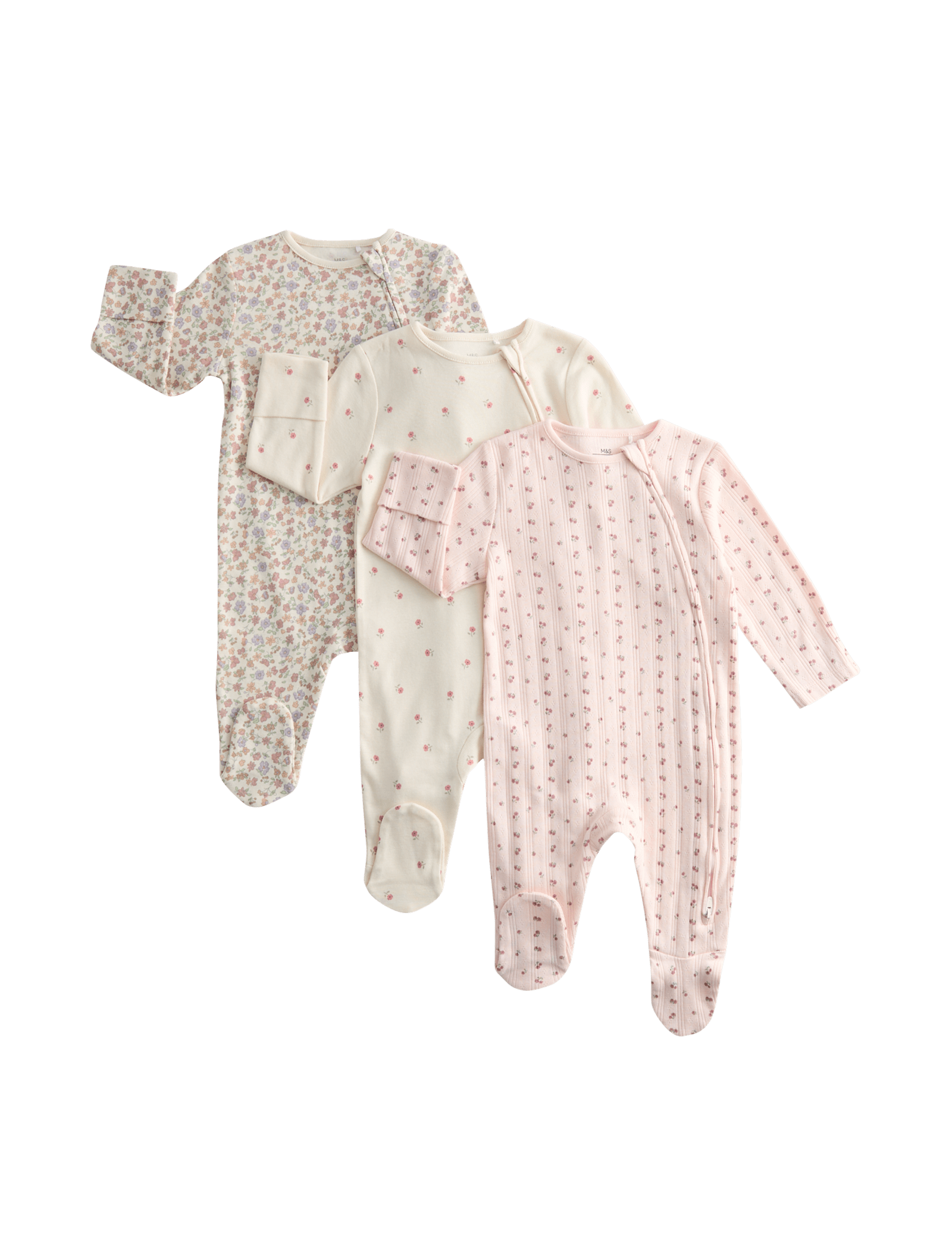 3 Pack Pure Cotton Floral Sleepsuits (6½lbs-3 Yrs) - PALE BLUSH