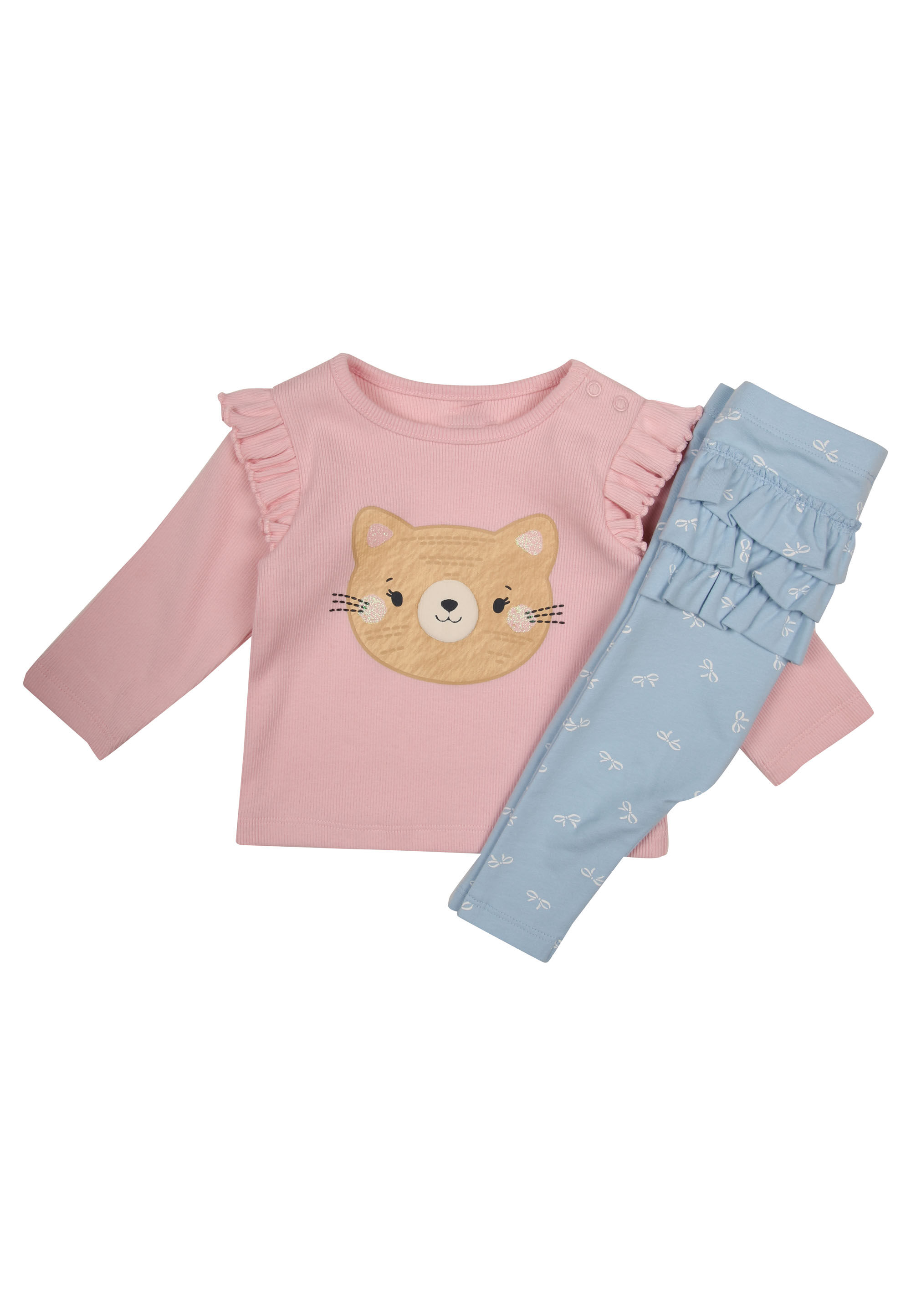 Baby Girls Pink Ruffle Cat Top and Leggings Set