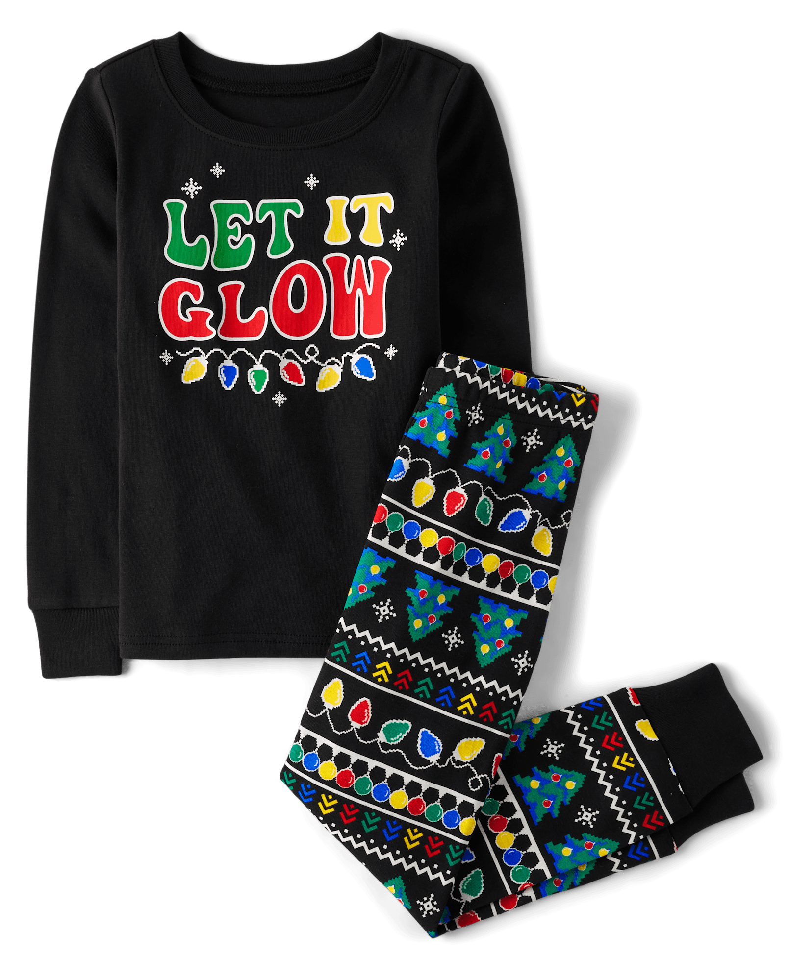 Kids Matching Family Glow In The Dark Long Sleeve Christmas Lights Snug Fit Cotton Pajamas